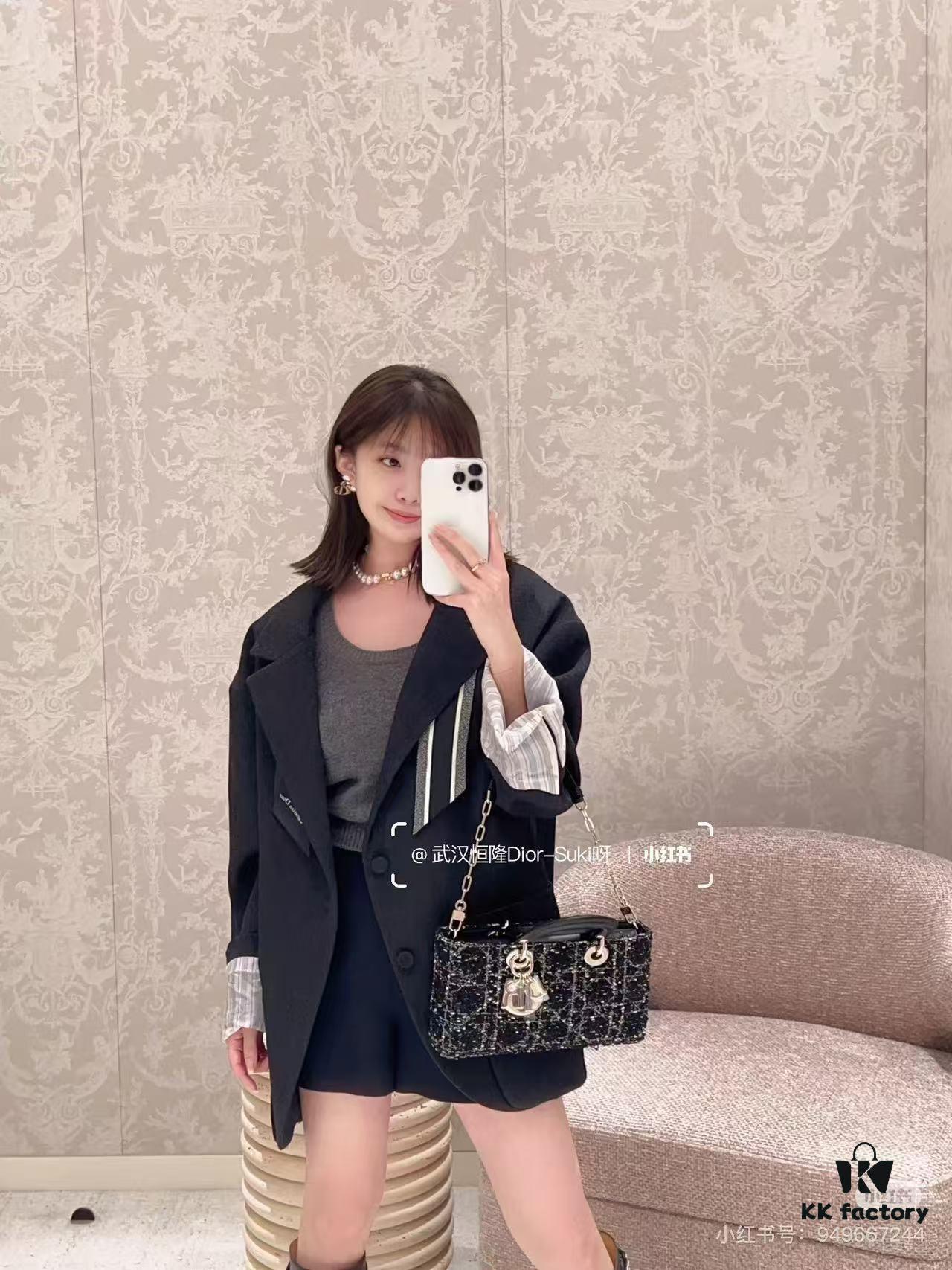 Ilady Dio.r Coarse Houndstooth Black Canvas and Leather Handbag with Adjustable Strap