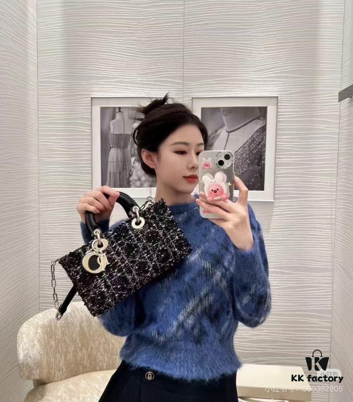 Ilady Dio.r Coarse Houndstooth Black Canvas and Leather Handbag with Adjustable Strap