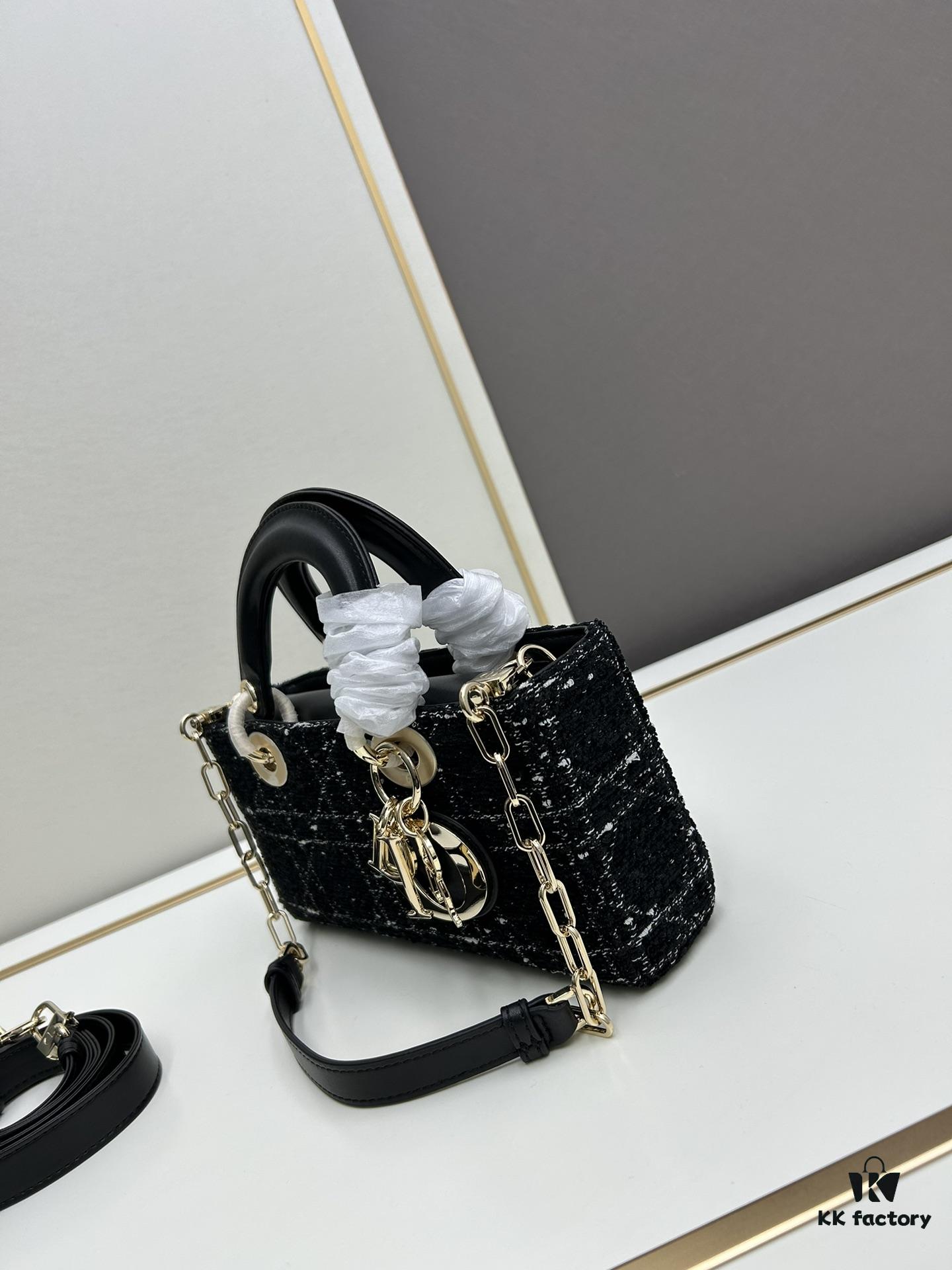 Ilady Dio.r Coarse Herringbone Black Canvas with Leather Trim Handbag