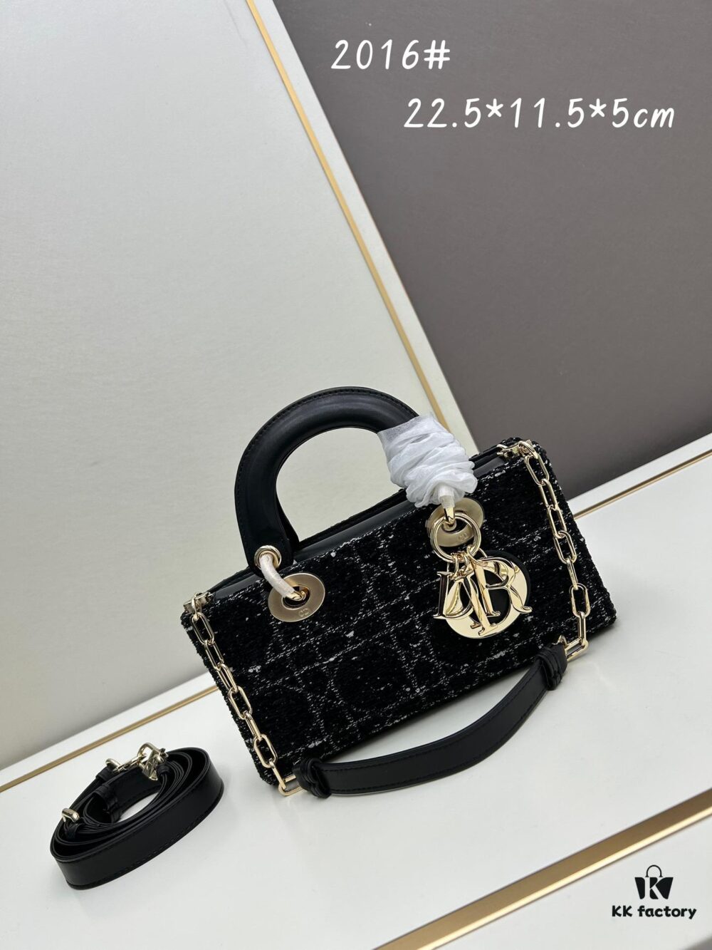 Ilady Dio.r Coarse Herringbone Black Canvas with Leather Trim Handbag