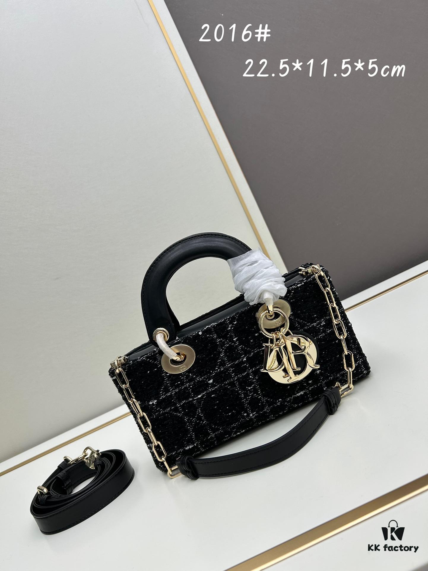 Ilady Dio.r Coarse Herringbone Black Canvas with Leather Trim Handbag