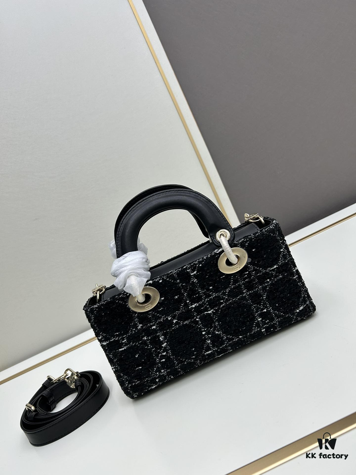 Ilady Dio.r Coarse Herringbone Black Canvas with Leather Trim Handbag