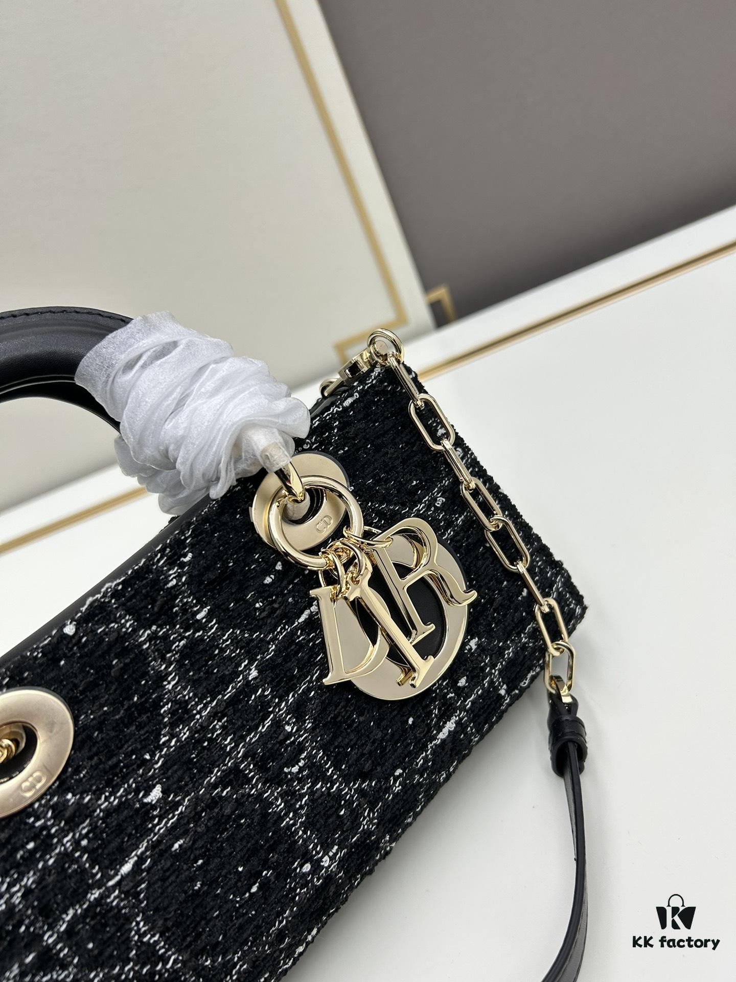 Ilady Dio.r Coarse Herringbone Black Canvas with Leather Trim Handbag