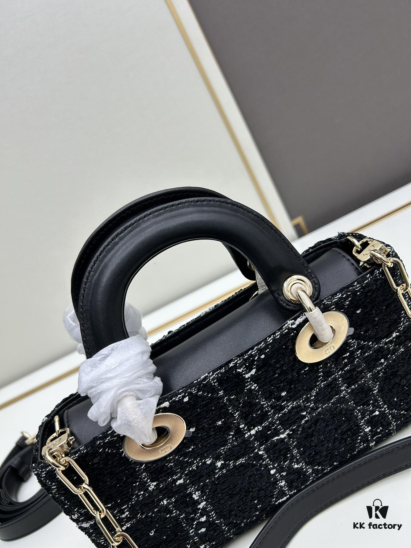 Ilady Dio.r Coarse Herringbone Black Canvas with Leather Trim Handbag