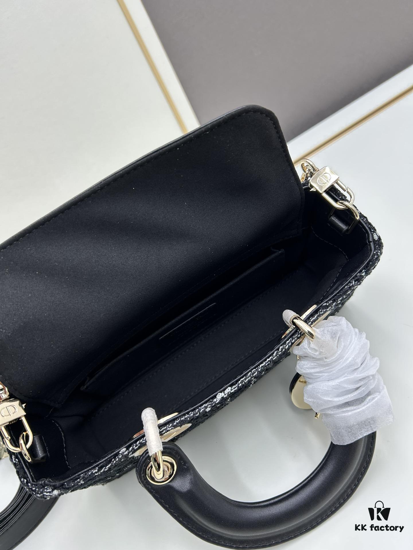 Ilady Dio.r Coarse Herringbone Black Canvas with Leather Trim Handbag