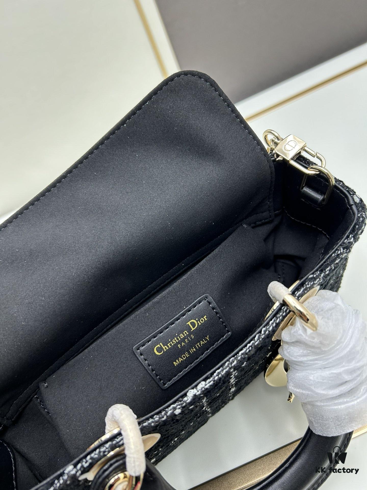 Ilady Dio.r Coarse Herringbone Black Canvas with Leather Trim Handbag