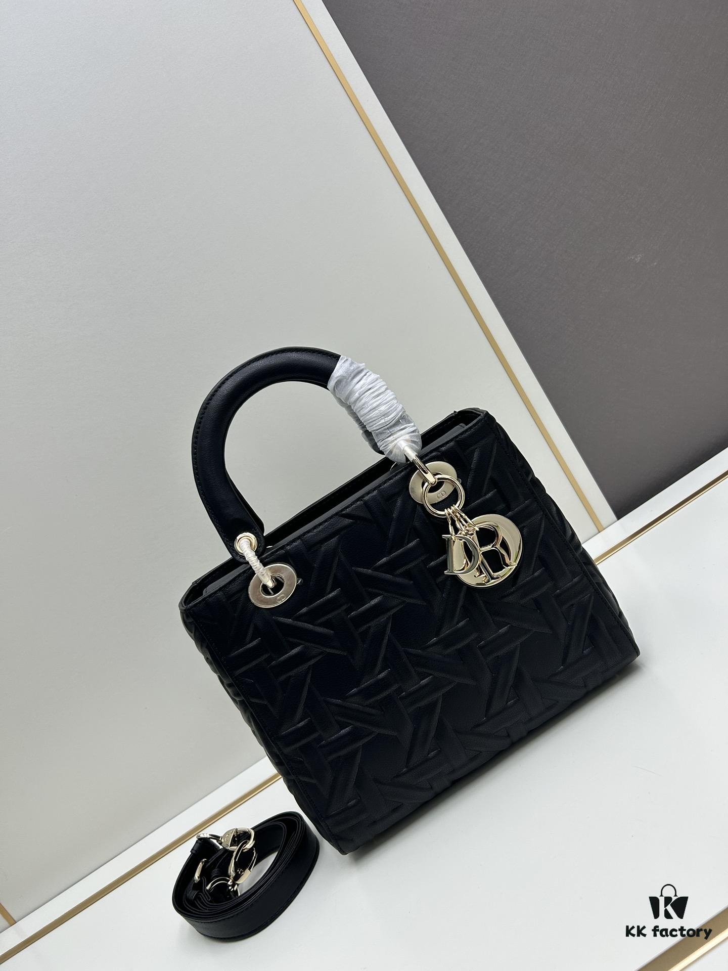 Dior Lady Dior Top-Grade Original Leather Quilted Handbag in Black Embossed Chevron Pattern