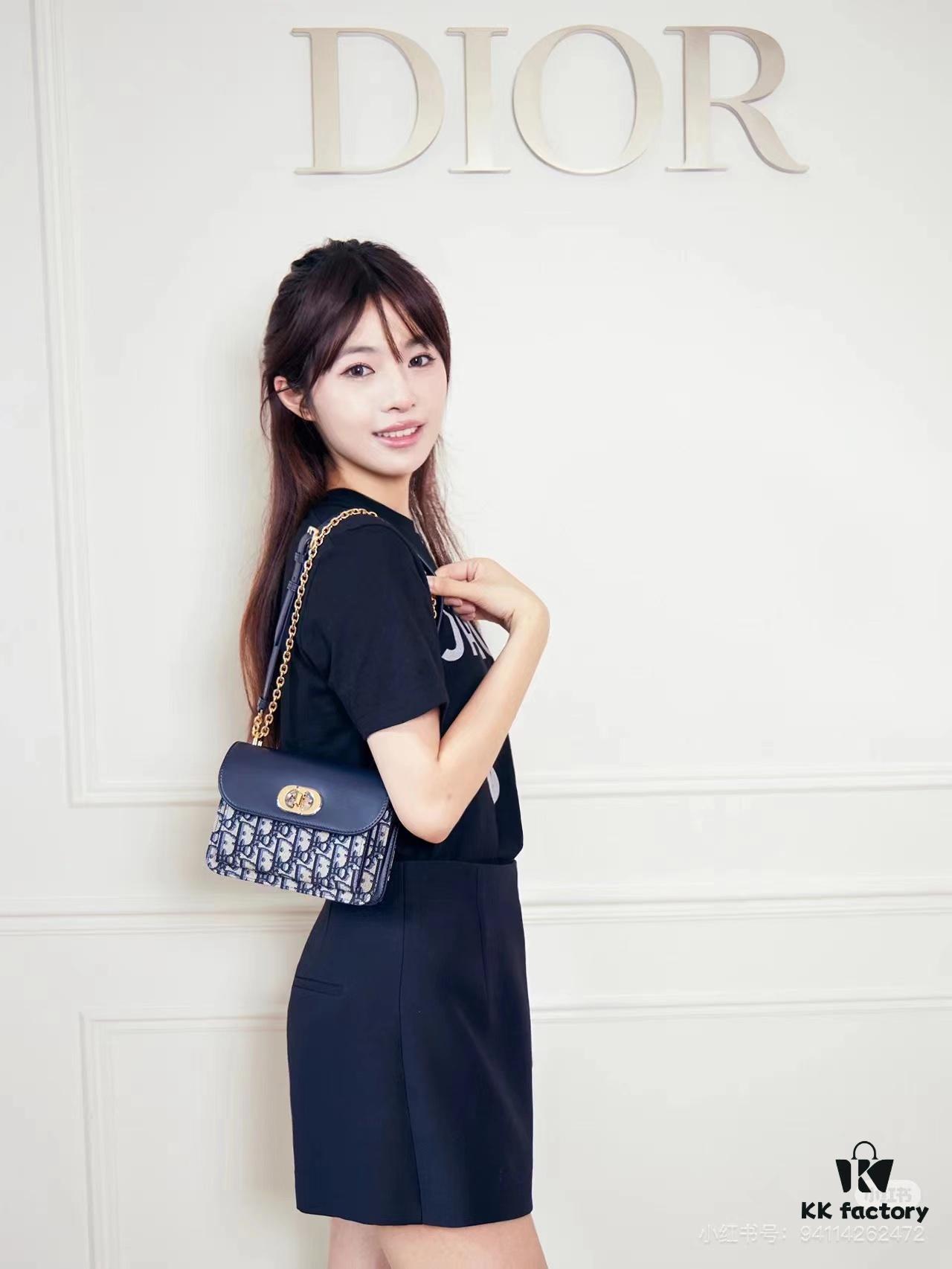 DIOR Top-Quality Genuine Leather Blue Oblique Print 30 Montaigne Avenue East-West Chain Handbag