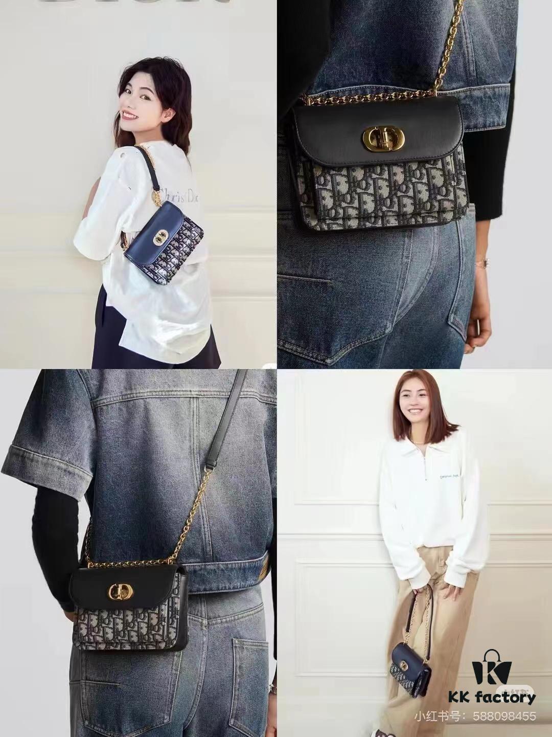 DIOR Top-Quality Genuine Leather Blue Oblique Print 30 Montaigne Avenue East-West Chain Handbag