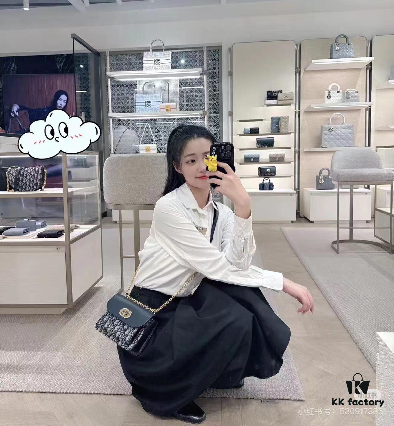 DIOR Top-Quality Genuine Leather Blue Oblique Print 30 Montaigne Avenue East-West Chain Handbag