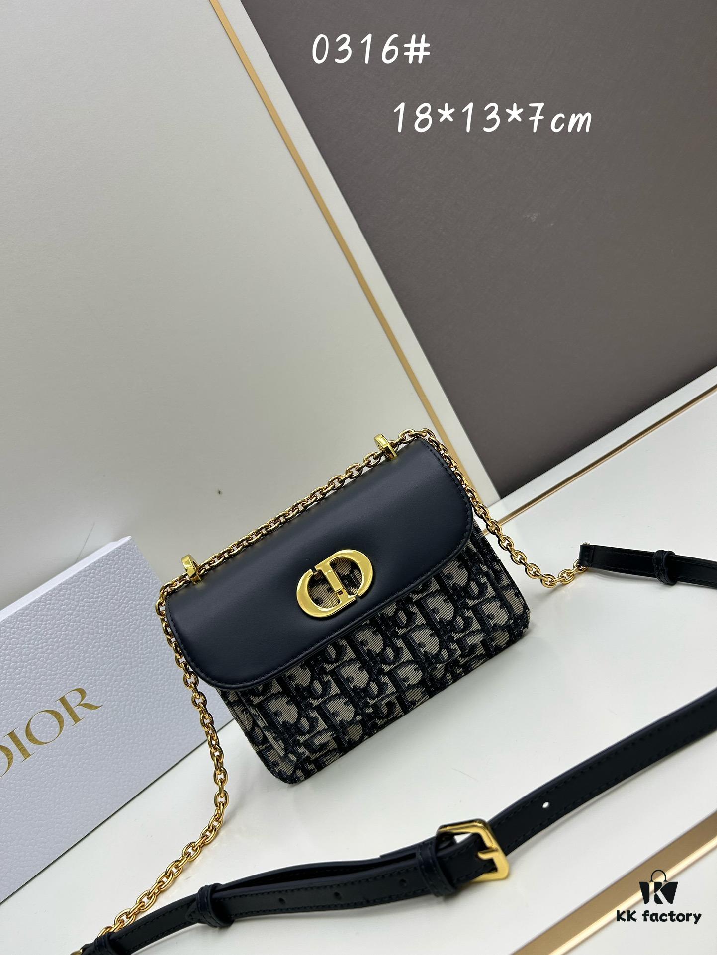 DIOR 30 Montaigne Avenue East-West Chain Handbag in Blue Oblique Canvas with Leather Trim