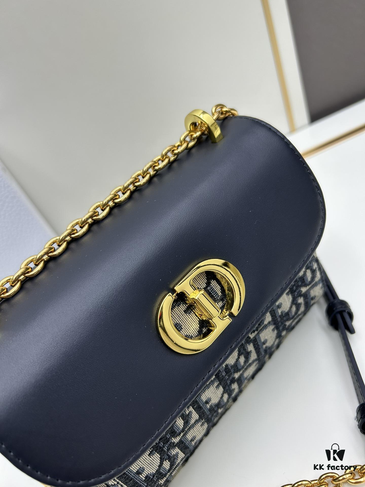 DIOR 30 Montaigne Avenue East-West Chain Handbag in Blue Oblique Canvas with Leather Trim