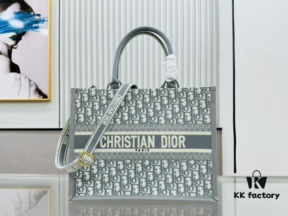 Gray Dior Book Tote II Medium Size with Leather Trim