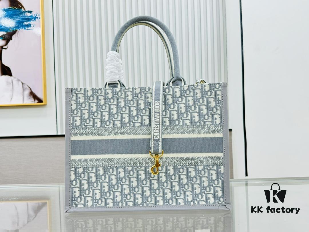 Gray Dior Book Tote II Medium Size with Leather Trim