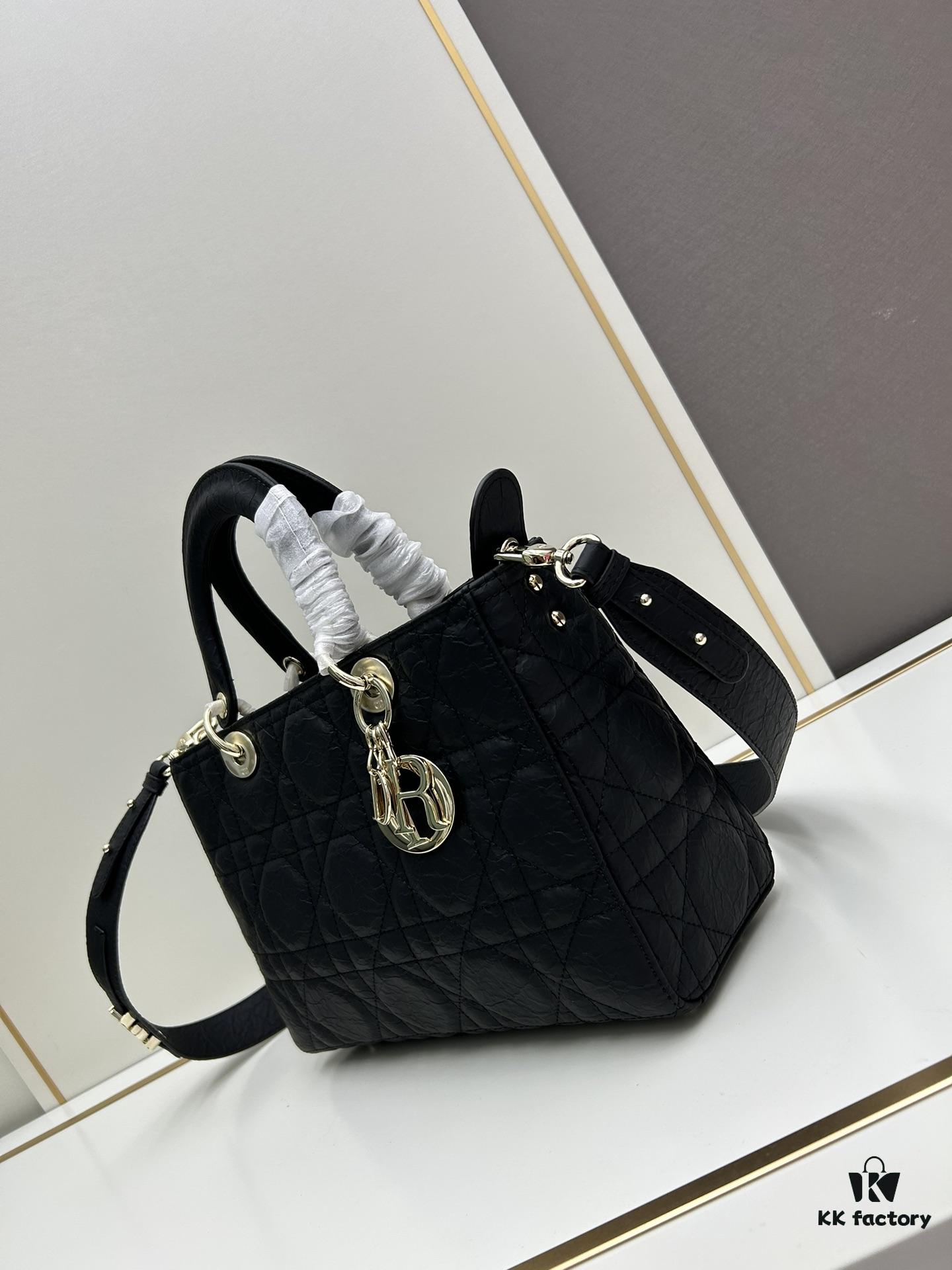 Large 29cm Dior Dior Caro Bag in Black Textured Calfskin with Cannage Stitching