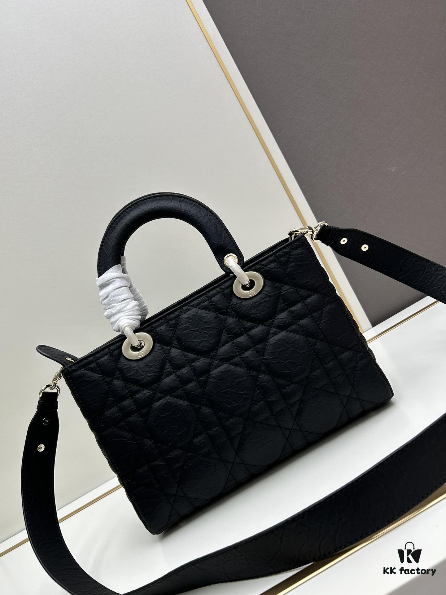 Large 29cm Dior Dior Caro Bag in Black Textured Calfskin with Cannage Stitching