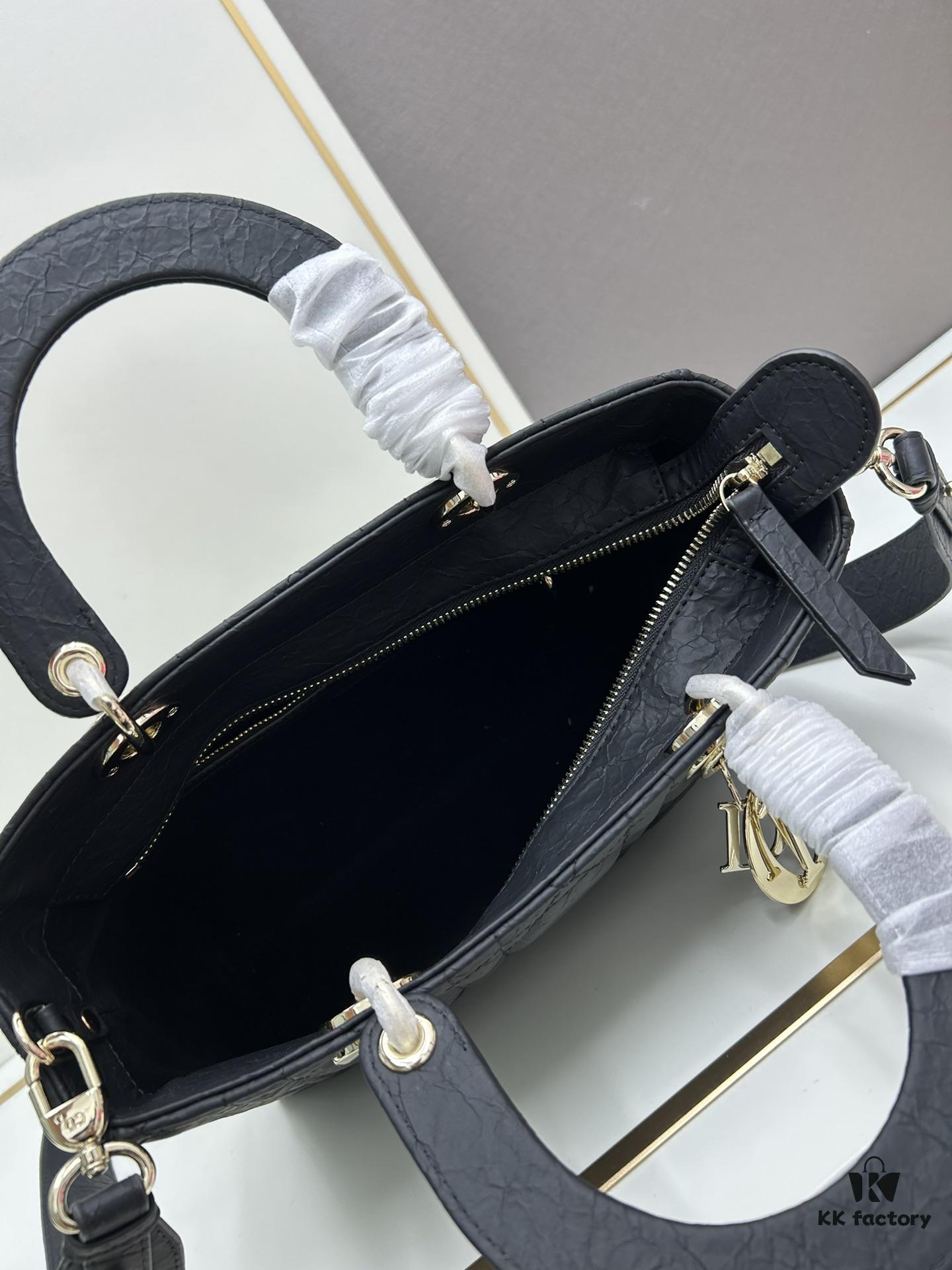 Large 29cm Dior Dior Caro Bag in Black Textured Calfskin with Cannage Stitching