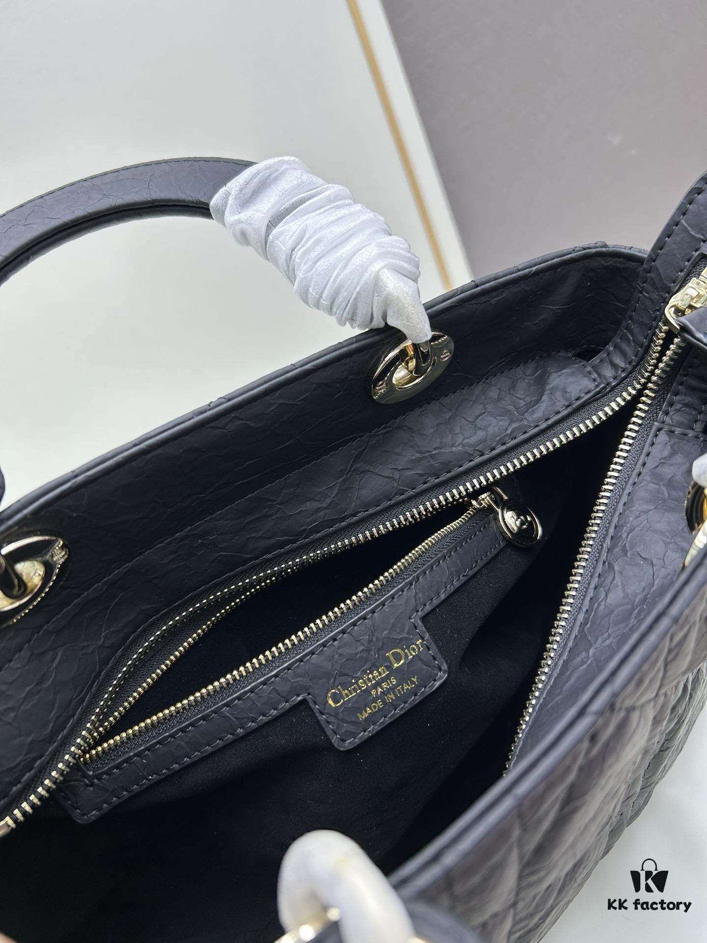 Large 29cm Dior Dior Caro Bag in Black Textured Calfskin with Cannage Stitching