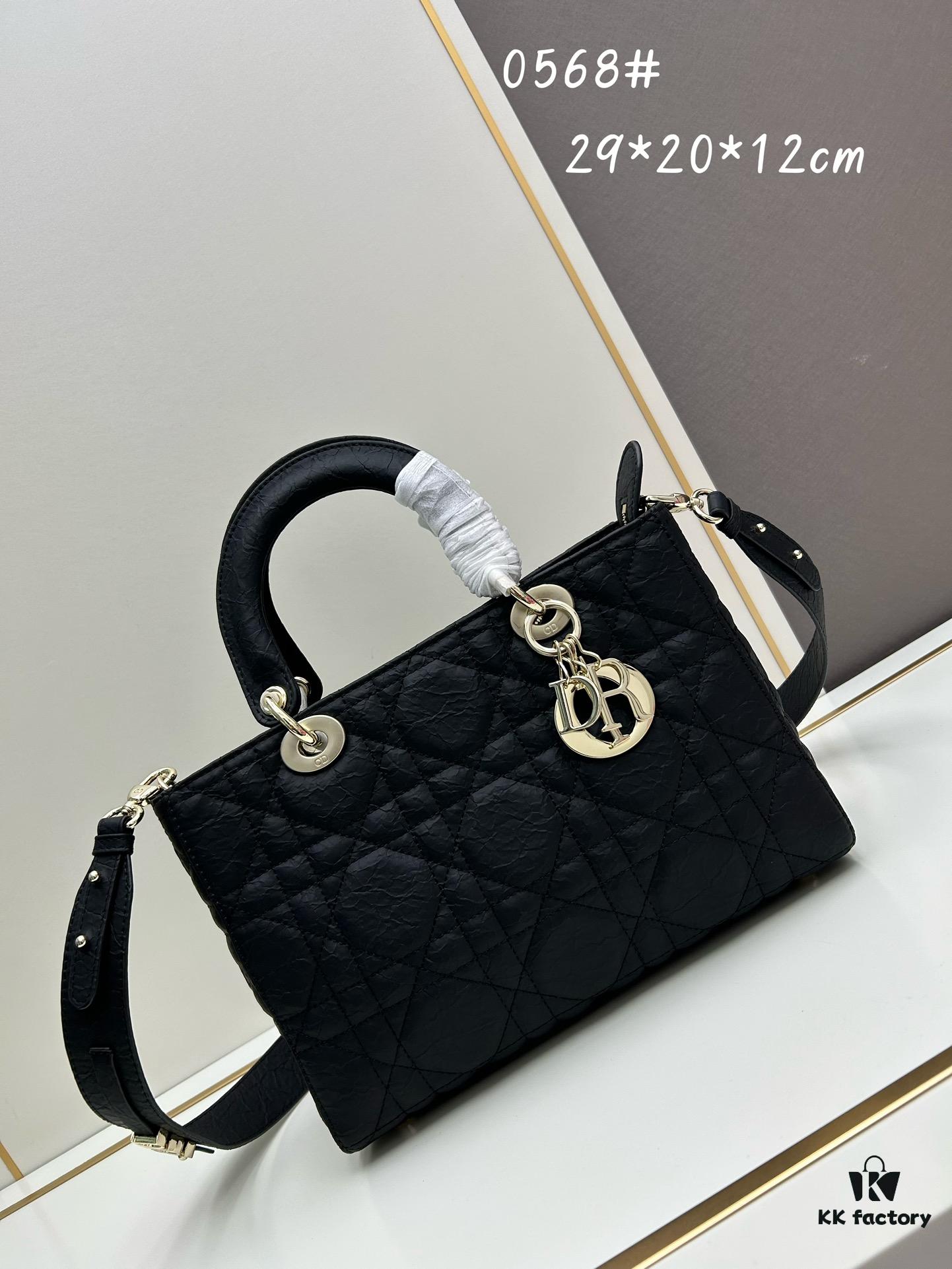 Large 29cm Dior Dior Caro Bag in Black Textured Calfskin with Cannage Stitching