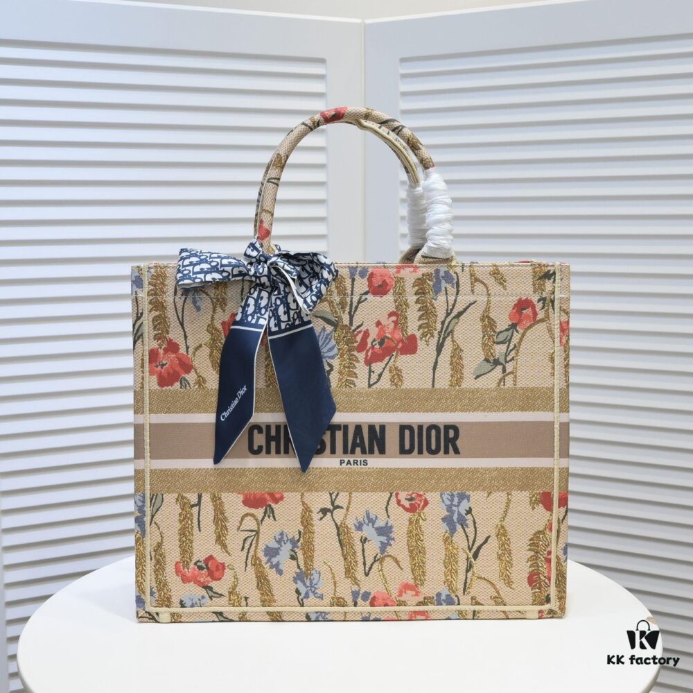 Large Dior Shopping Bag with Embroidery and Stitched Edging - Includes Silk Scarf, Limited Edition, Celebrity Style