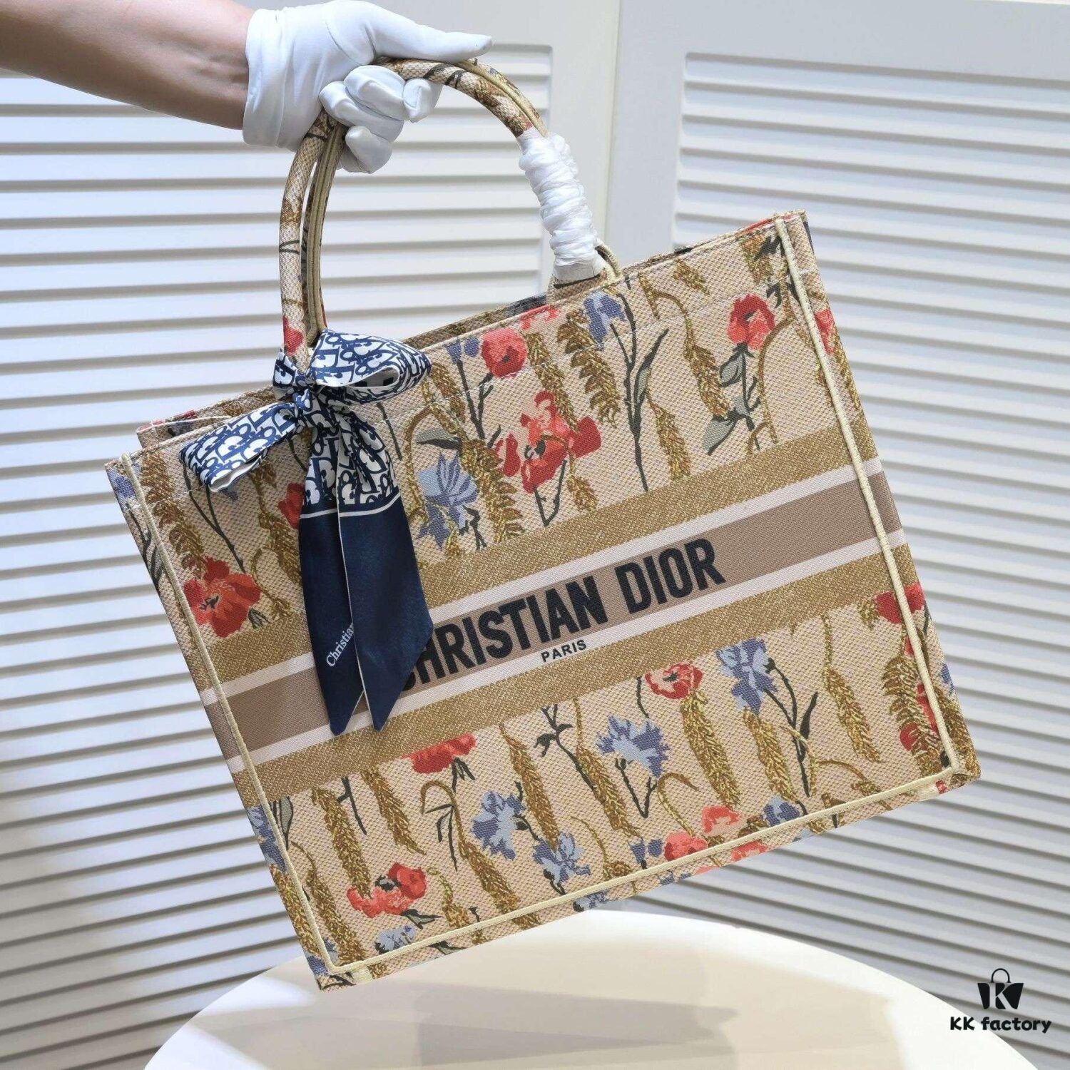 Large Dior Shopping Bag with Embroidery and Stitched Edging - Includes Silk Scarf, Limited Edition, Celebrity Style