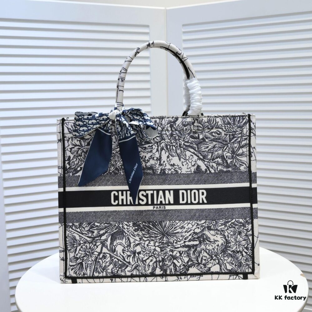 Large DIOR Dior Shopping Bag with Silk Scarf, Embroidered Edging, Limited Edition, Celebrity Style, High-End Quality