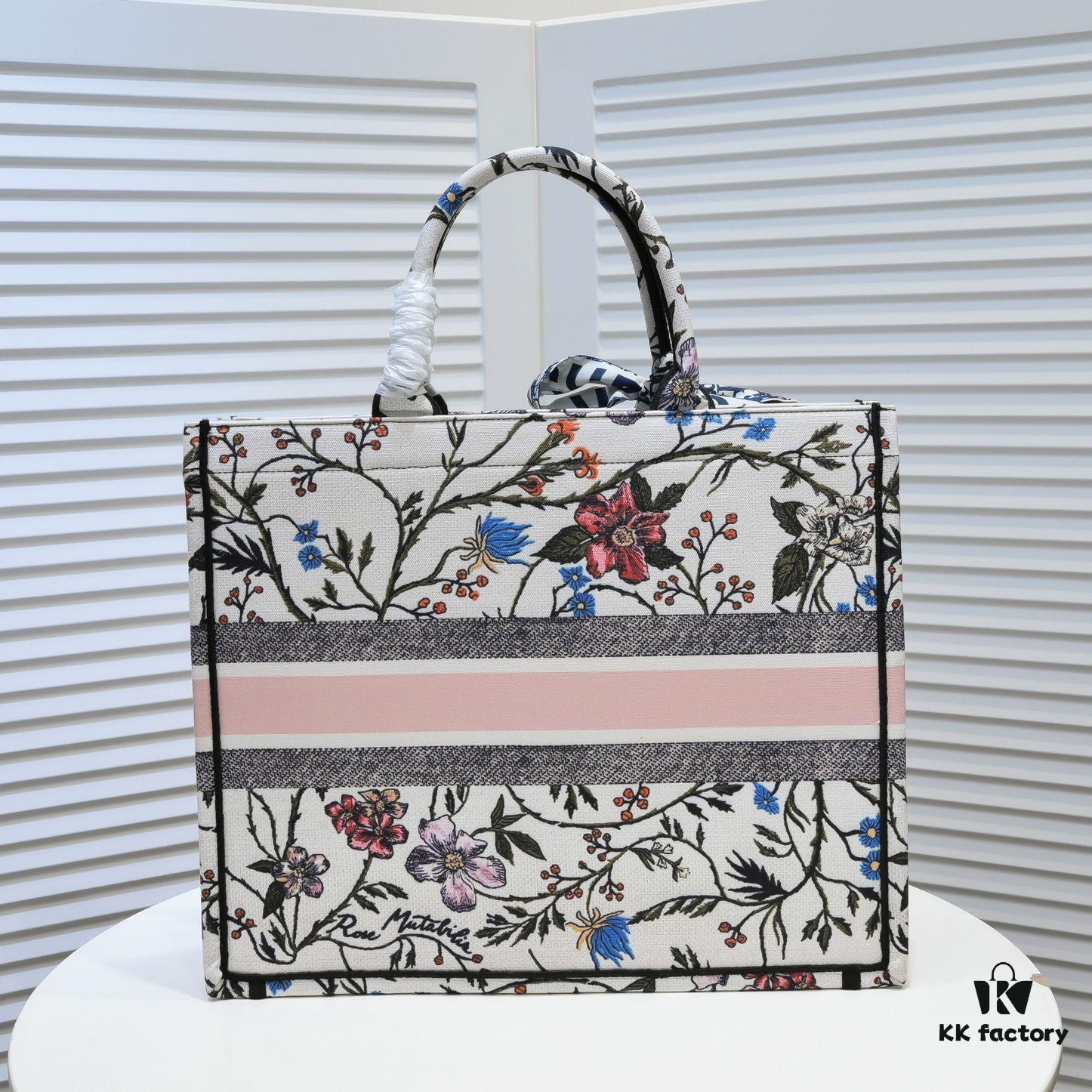 Large Size Dior Shopping Tote with Scarf, Embroidered Edging, Limited Edition, Celebrity Style, High-Quality Imported Fabric