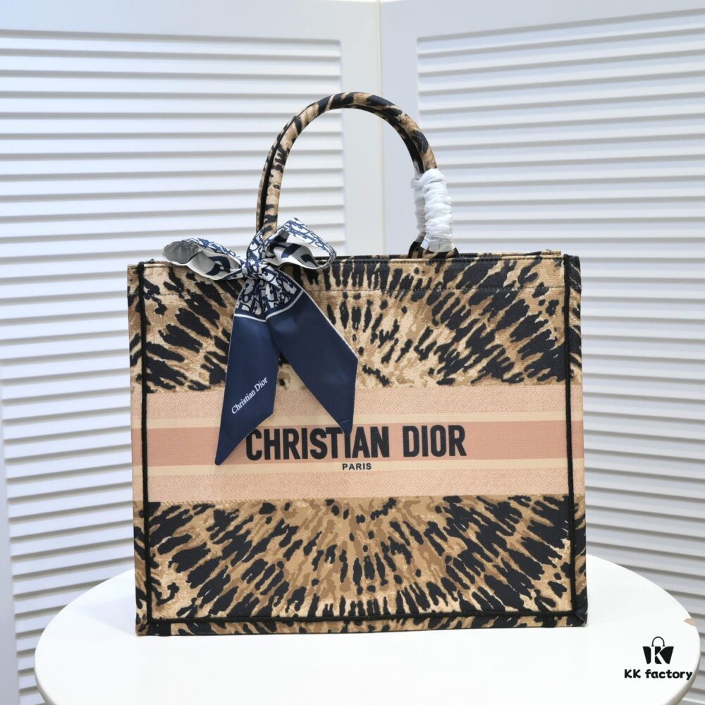 Large Dior Shopping Tote with Silk Scarf, Embroidered Edging, Limited Edition, Celebrity Style, High-End Quality, Imported Fabric