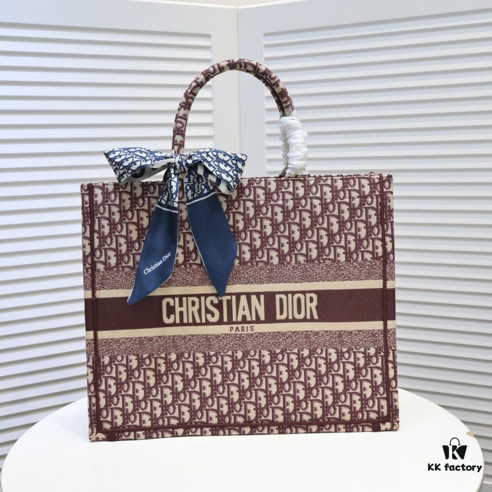 Large Size Dior Embroidered Shopping Tote Bag with Silk Scarf, Limited Edition, Celebrity Style
