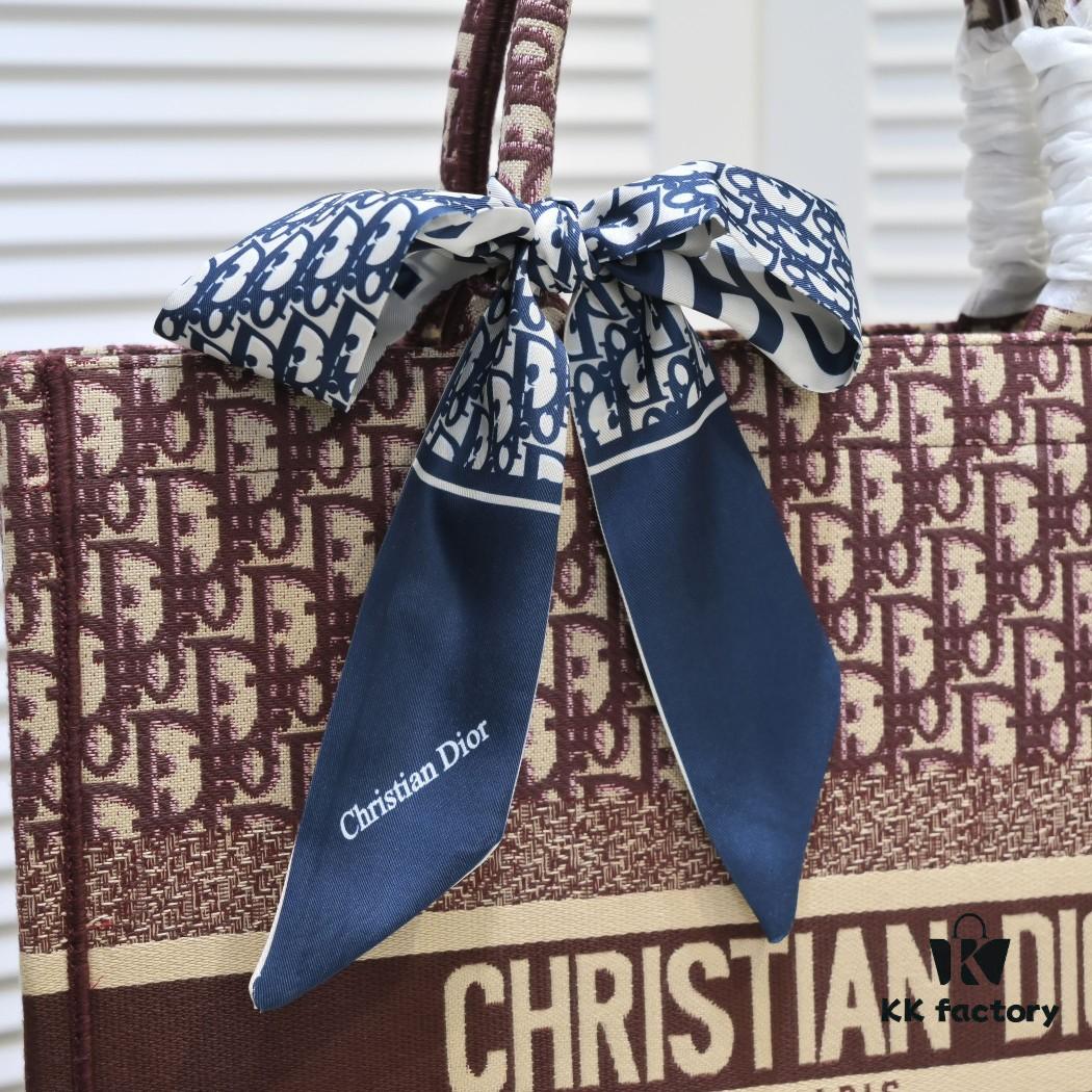 Large Size Dior Embroidered Shopping Tote Bag with Silk Scarf, Limited Edition, Celebrity Style