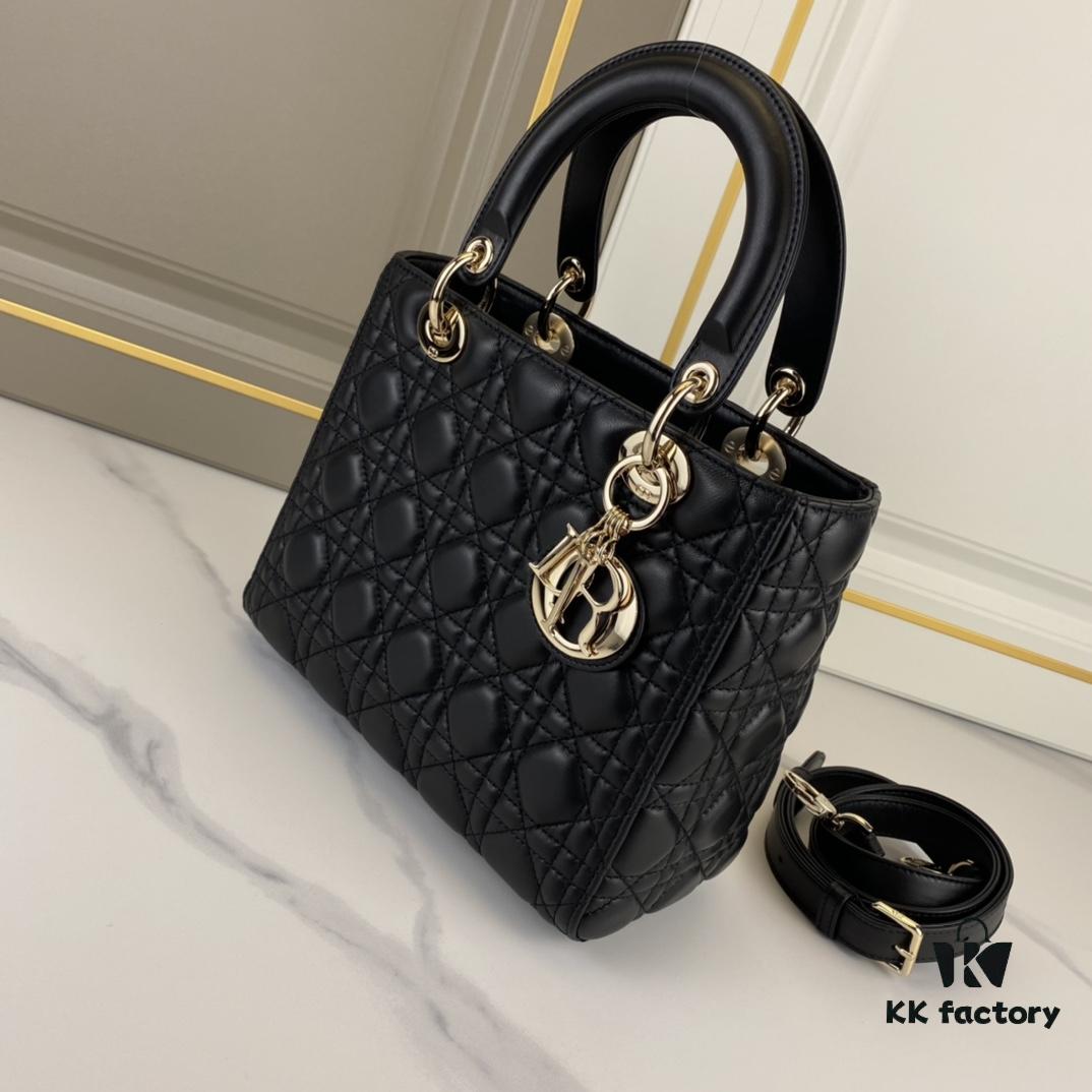 Black Dior Medium Light Gold Buckle Lambskin Lady Dior Handbag