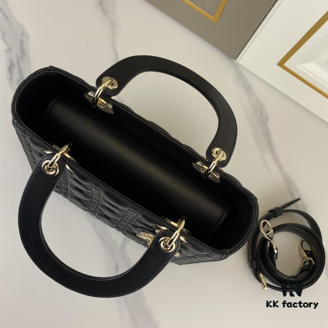 Black Dior Medium Light Gold Buckle Lambskin Lady Dior Handbag