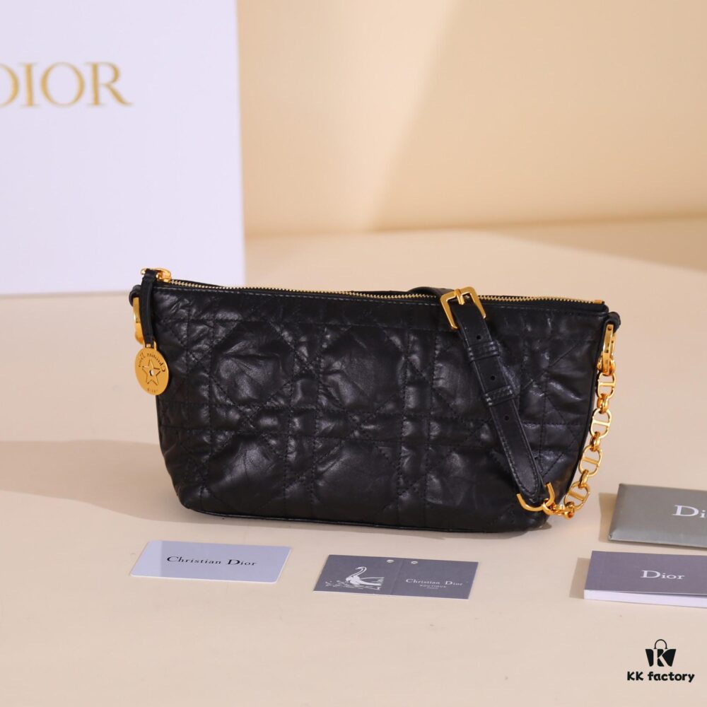 DiorStar Hobo Chain Bag in Black Crinkled Calfskin with Cannage Pattern