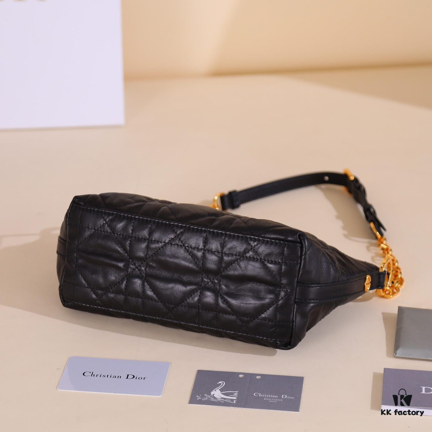 DiorStar Hobo Chain Bag in Black Crinkled Calfskin with Cannage Pattern