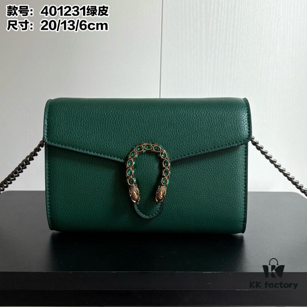 GG Dionysus WOC Chain Mini Handbag / Wallet in Green Full Leather with Horsehead Spur Closure and Flap Design