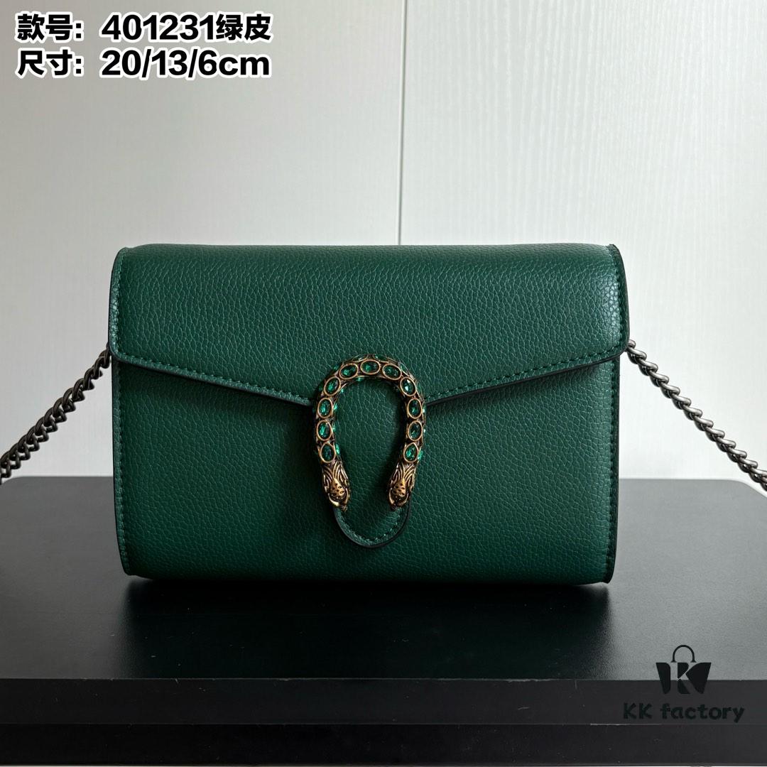 GG Dionysus WOC Chain Mini Handbag / Wallet in Green Full Leather with Horsehead Spur Closure and Flap Design