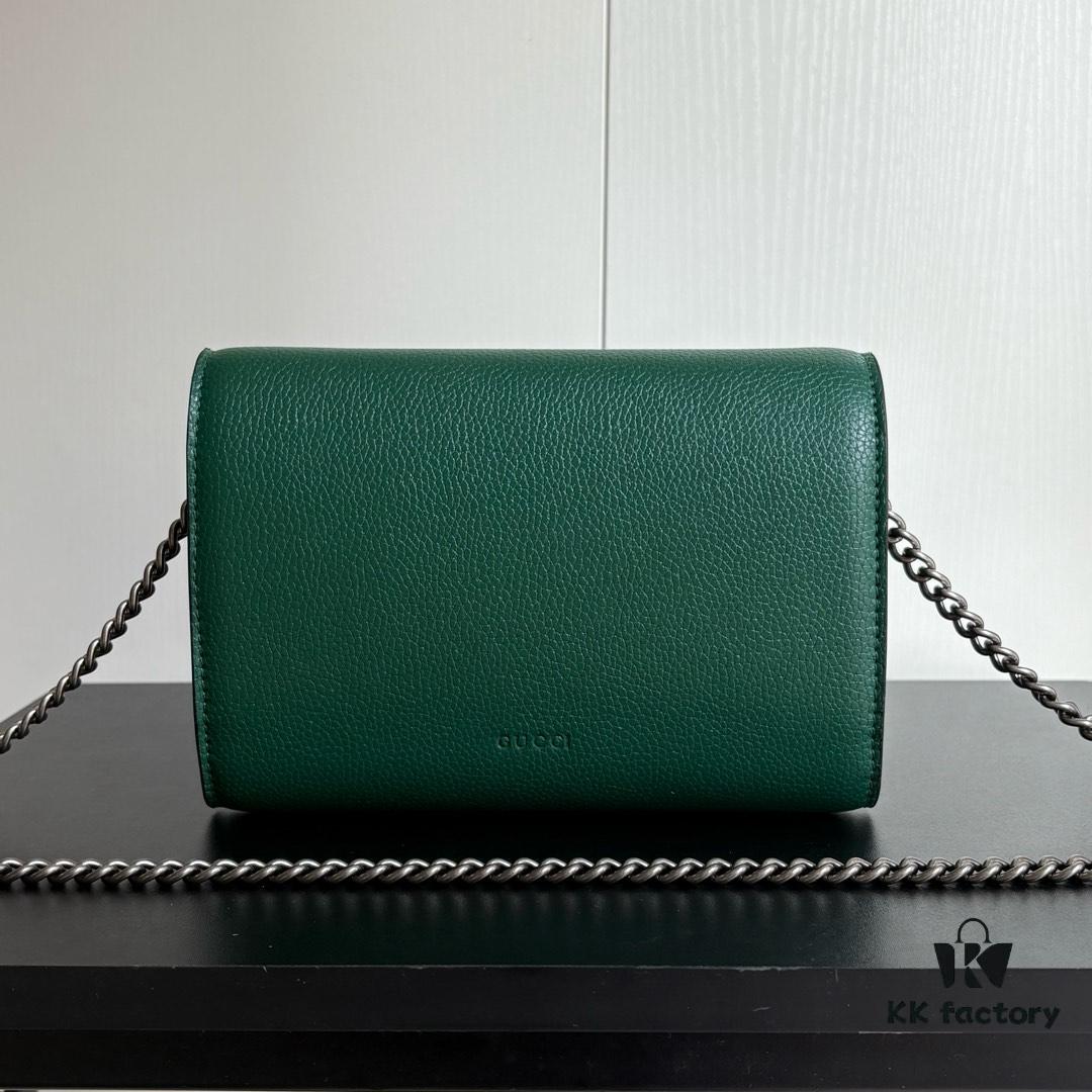 GG Dionysus WOC Chain Mini Handbag / Wallet in Green Full Leather with Horsehead Spur Closure and Flap Design