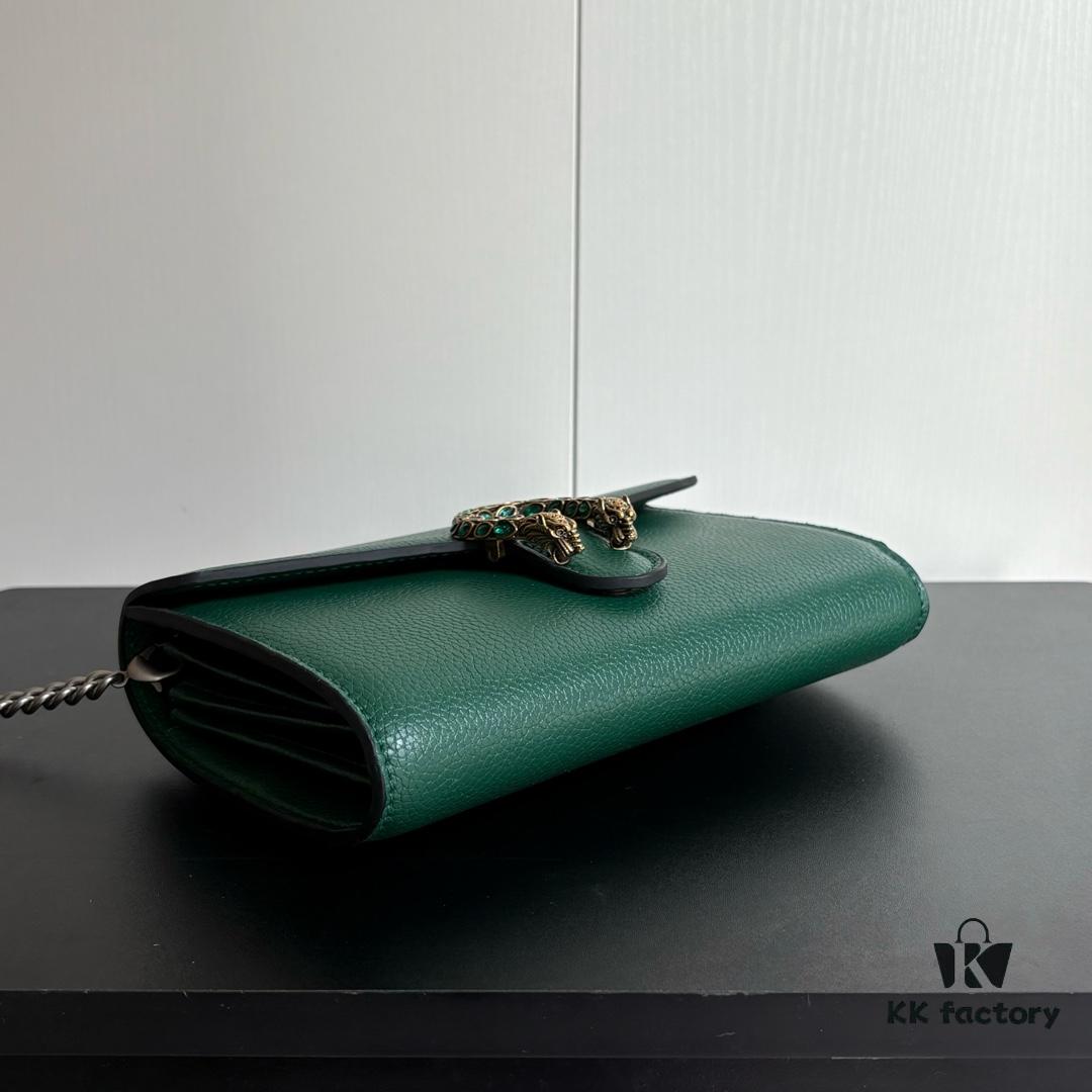 GG Dionysus WOC Chain Mini Handbag / Wallet in Green Full Leather with Horsehead Spur Closure and Flap Design