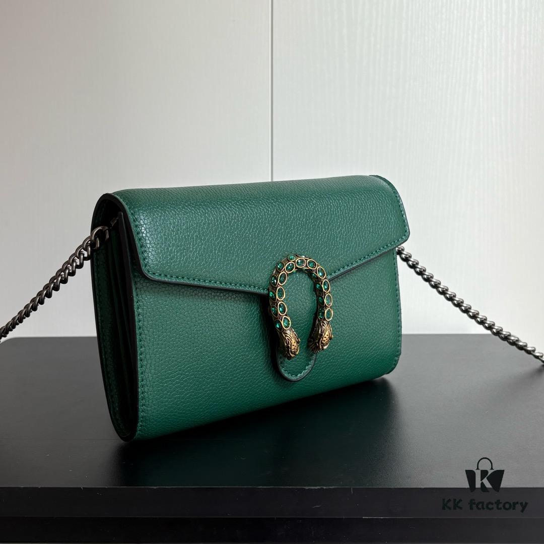 GG Dionysus WOC Chain Mini Handbag / Wallet in Green Full Leather with Horsehead Spur Closure and Flap Design