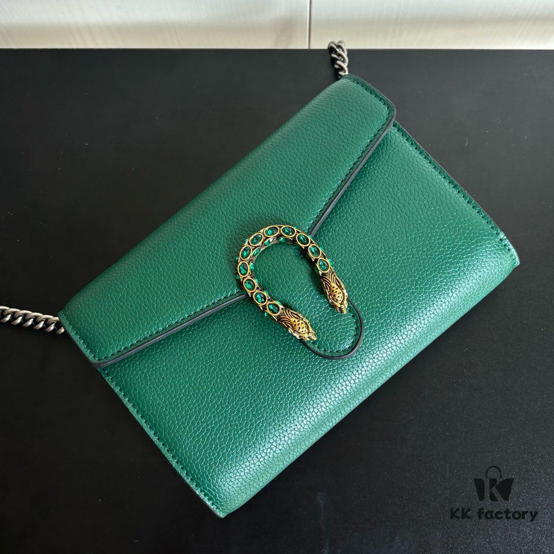 GG Dionysus WOC Chain Mini Handbag / Wallet in Green Full Leather with Horsehead Spur Closure and Flap Design