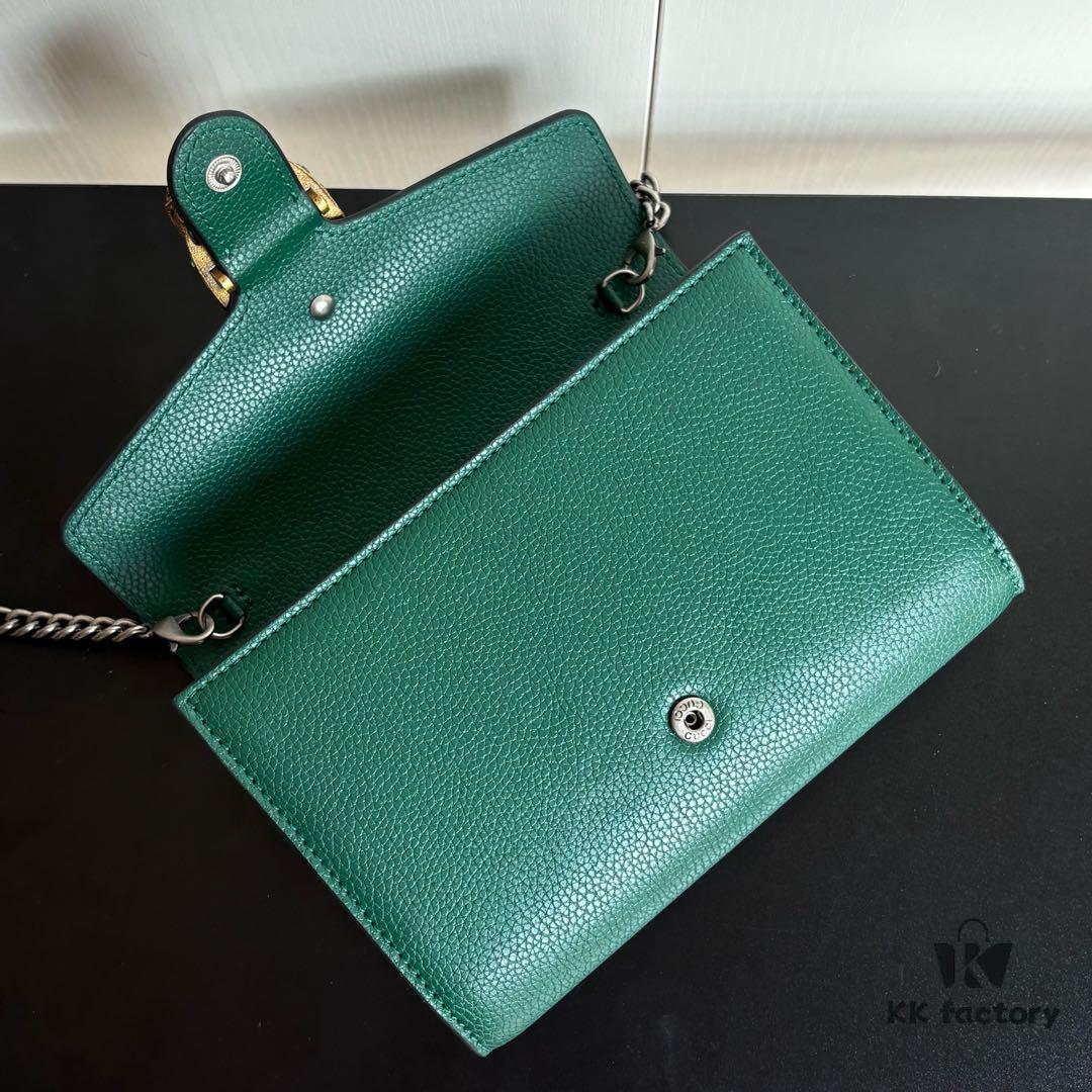 GG Dionysus WOC Chain Mini Handbag / Wallet in Green Full Leather with Horsehead Spur Closure and Flap Design