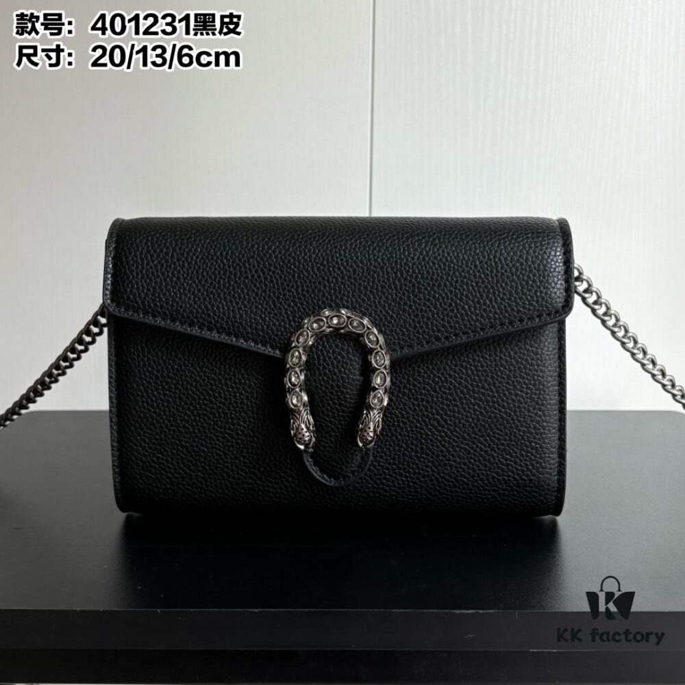 Real-shot #With Box - GG Dionysus WOC Chain Mini Handbag/Wallet in Black Full Leather with Horsehead Spur Closure and Flip Design