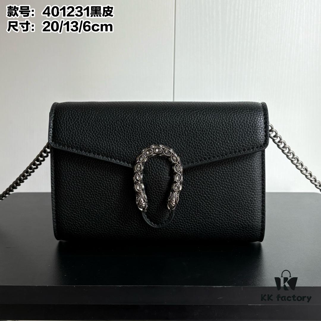 Real-shot #With Box - GG Dionysus WOC Chain Mini Handbag/Wallet in Black Full Leather with Horsehead Spur Closure and Flip Design