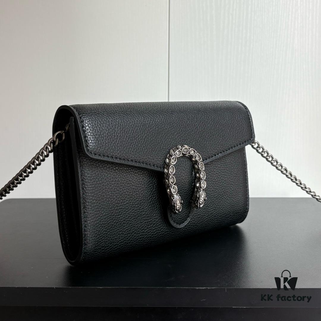 Real-shot #With Box - GG Dionysus WOC Chain Mini Handbag/Wallet in Black Full Leather with Horsehead Spur Closure and Flip Design