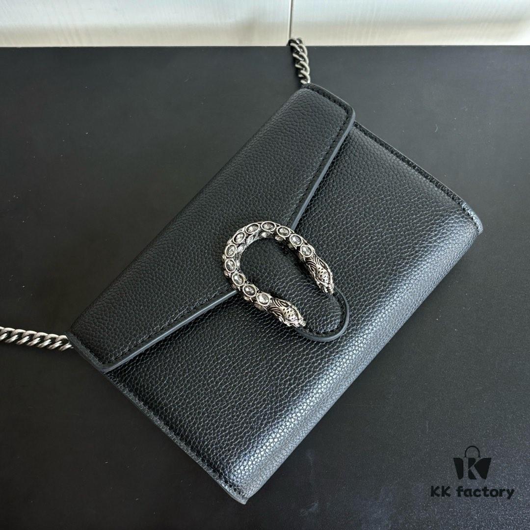 Real-shot #With Box - GG Dionysus WOC Chain Mini Handbag/Wallet in Black Full Leather with Horsehead Spur Closure and Flip Design