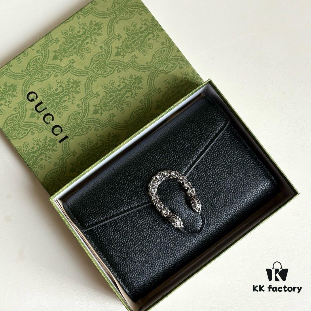 Real-shot #With Box - GG Dionysus WOC Chain Mini Handbag/Wallet in Black Full Leather with Horsehead Spur Closure and Flip Design