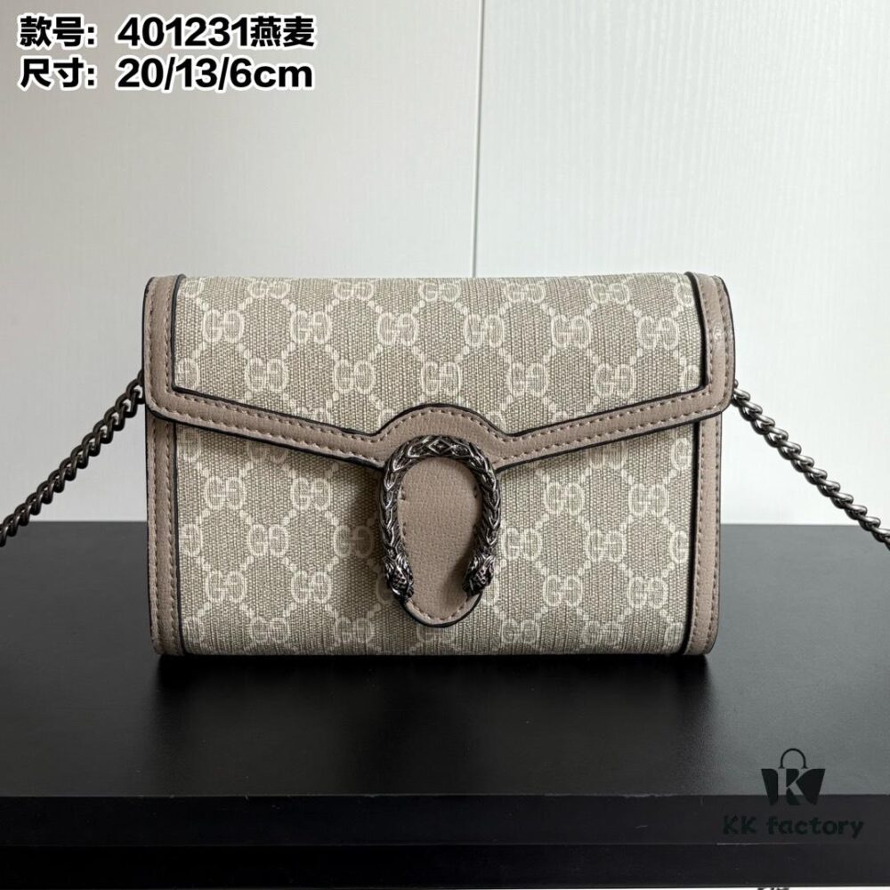 GG Dionysus WOC Chain Mini Handbag / Wallet in Oatmeal with Horsebit Closure and Flip Design