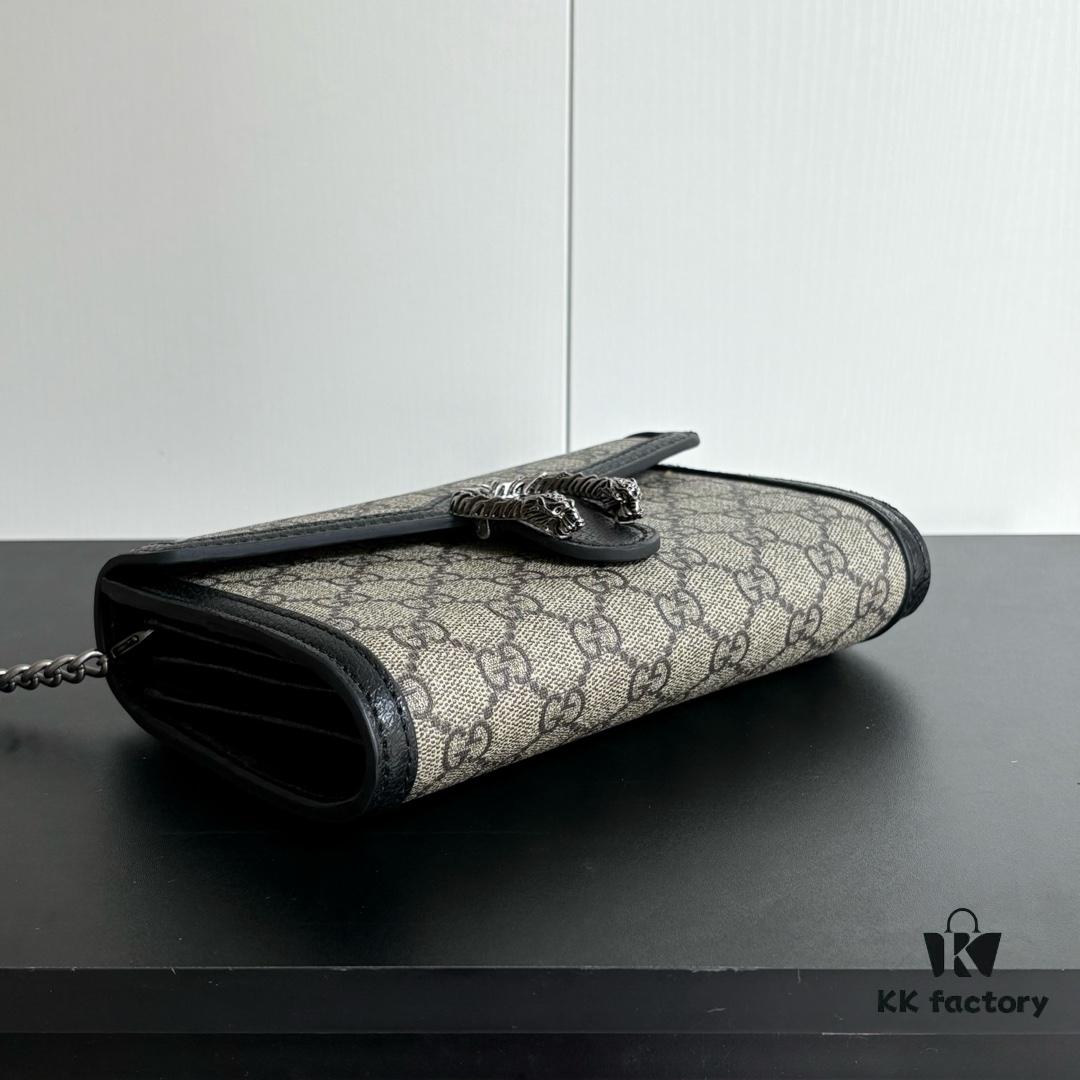 Gucci Dionysus WOC Chain Mini Handbag / Wallet with Tiger Head Spur Closure and Flip Design
