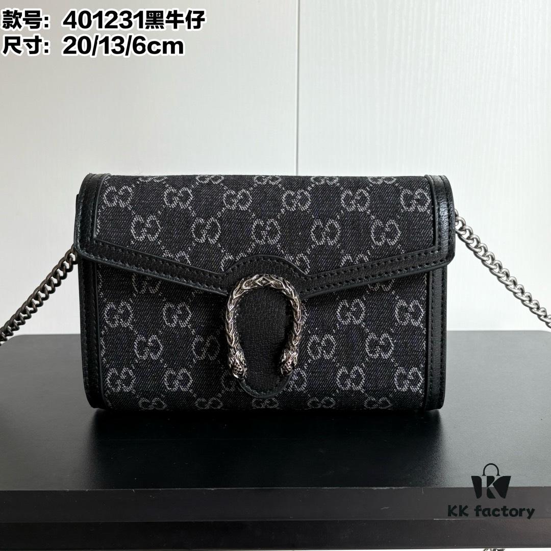 Authentic #With Box - GG Dionysus WOC Chain Mini Handbag / Wallet in Black Denim, Style No. 401231, 20×13×6cm
