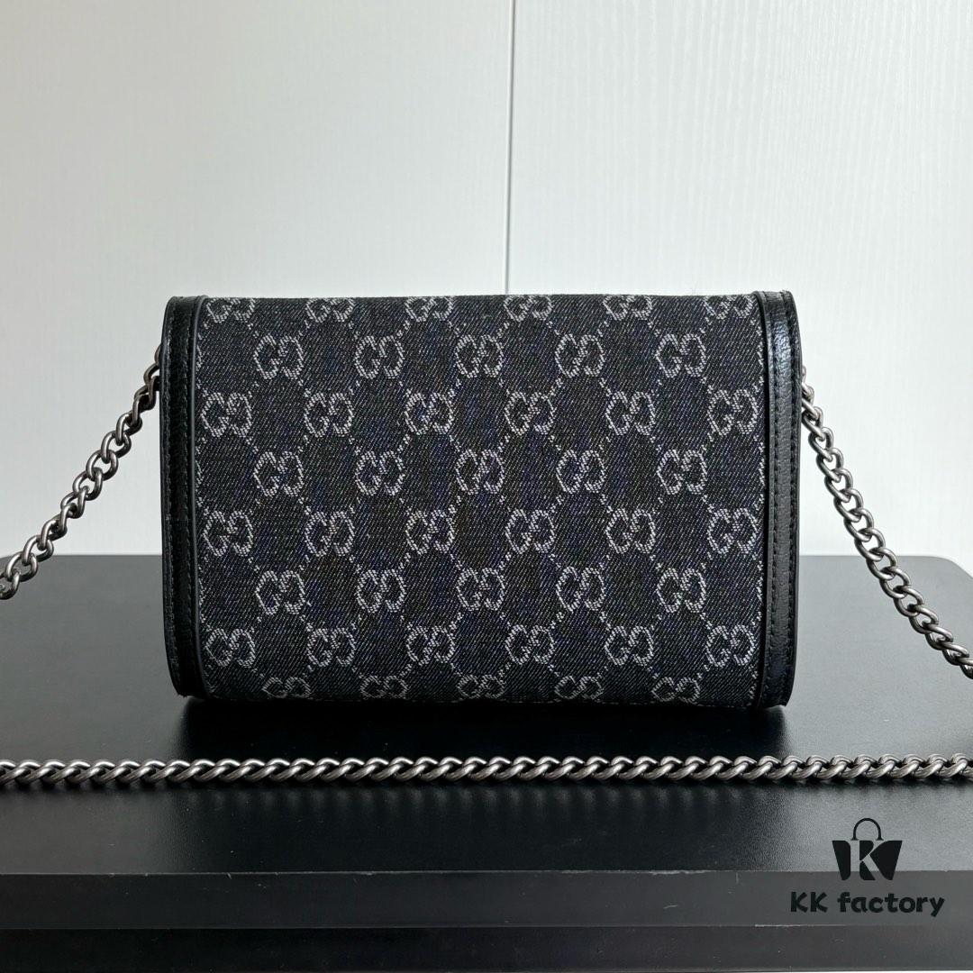 Authentic #With Box - GG Dionysus WOC Chain Mini Handbag / Wallet in Black Denim, Style No. 401231, 20×13×6cm
